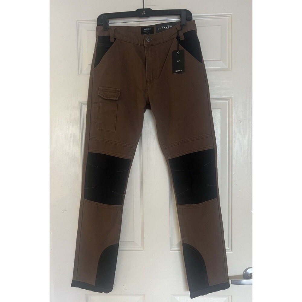 Forever 21 Men Slim Fit Colorblock Cargo Jeans Sz 30 Brown Black Pants Utility
